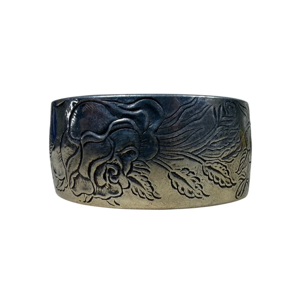 Vintage Salisbury Fine Metal Artisans Pewter Rose Floral June Cuff Bracelet 7.5